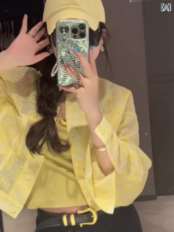 レディース ファッション ユニーク スモール トップスス イエロー 日焼け防止 シャツ 夏 美しい 小さめ シャツ