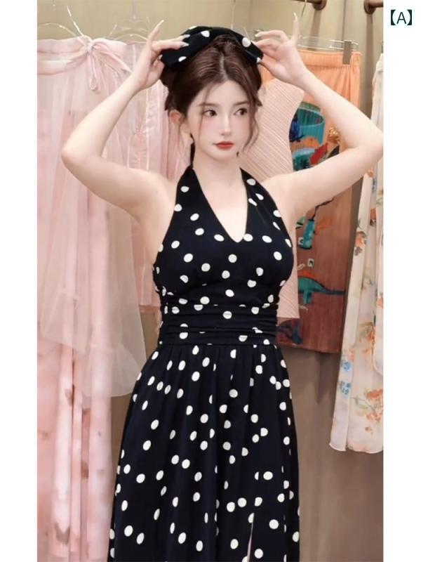 レディース ファッション 美しい スカート 夏 精巧 ノースリーブホルター ネック 水玉 ドレス