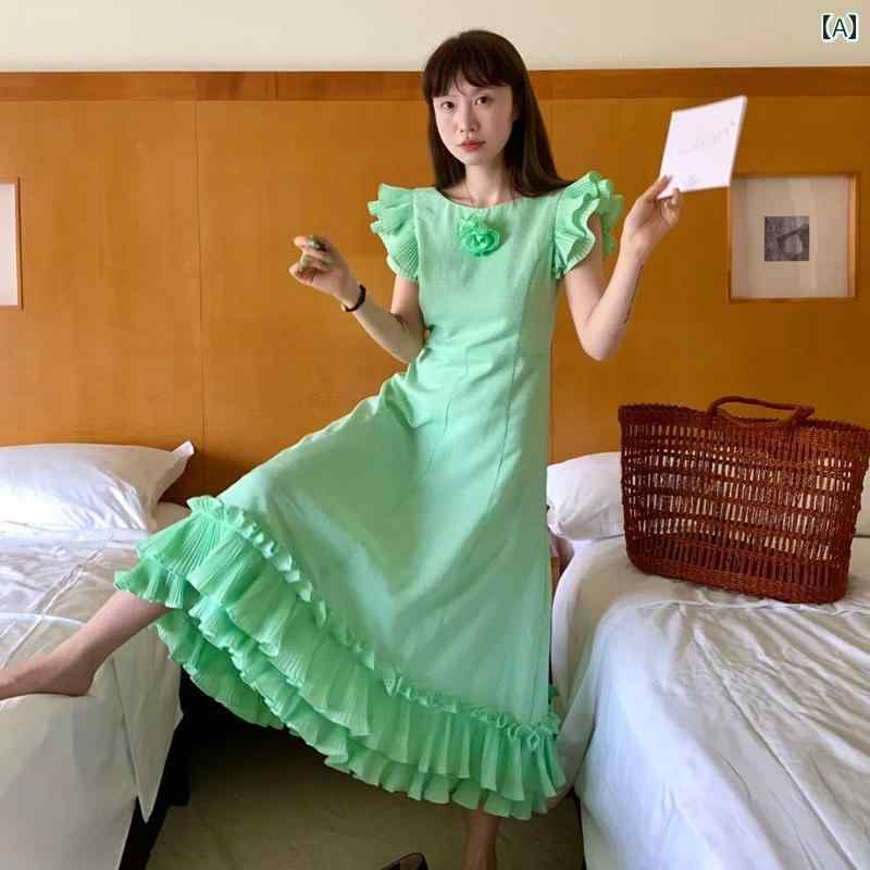 レディース ファッション 精巧 小さめ フライング スリーブドレス 夏 フランス ミント グリーン ロング ドレス
