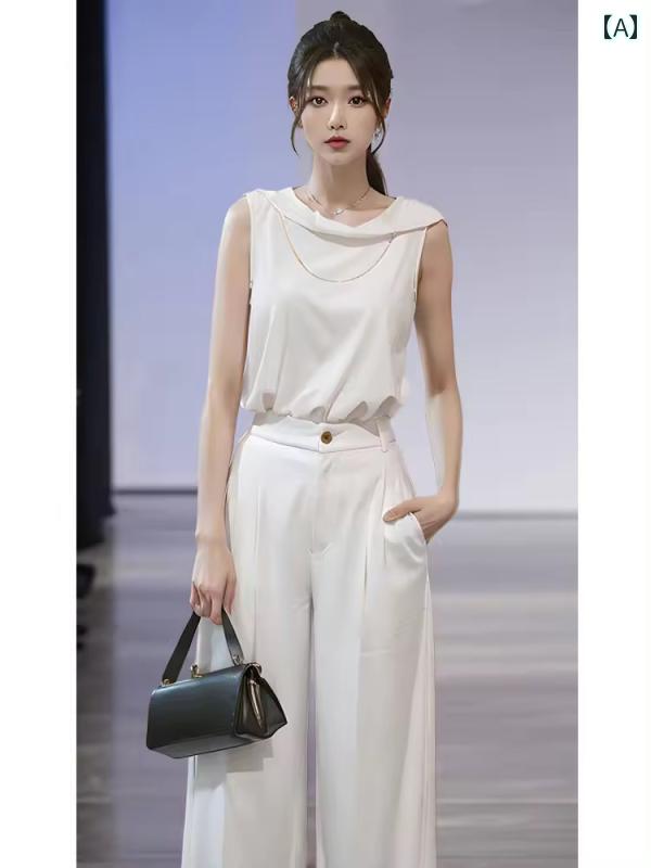 レディース 流行り物 韓国 初春夏 服 流行り 白 ノースリーブ セットアップ 一揃い