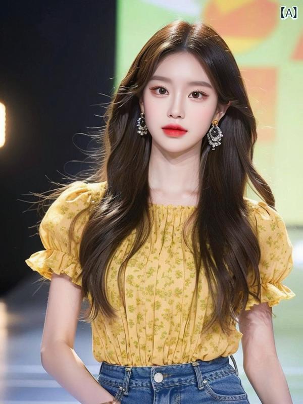 レディース ファッション 夏 婦人服 黄 花柄 トップスス 美しい プリーツ シャツ｜おうち健康生活