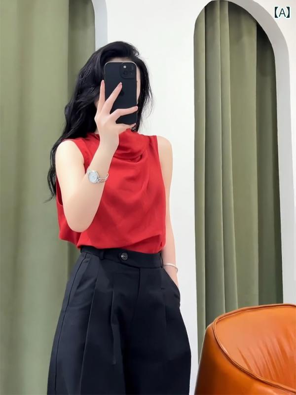 レディース ファッション ユニーク トップスス 見栄え シック ノースリーブ 赤 シャツ 夏 美しい シャツ