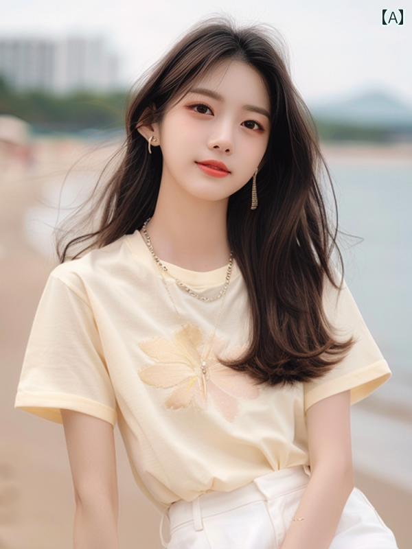 レディース ファッション ユニーク トップスス 夏 ガチョウ 黄 プリント 半袖 Tシャツ インナー レイヤリング シャツ