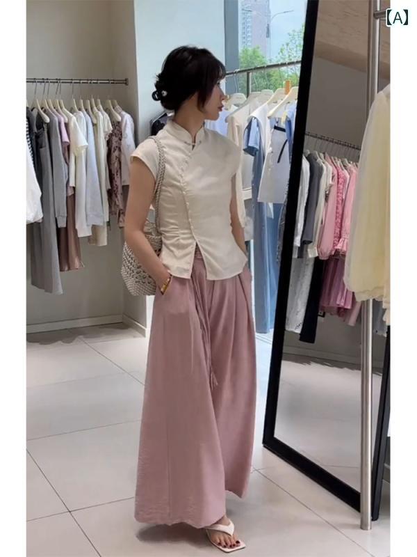 レディース ファッション 西洋風 トップスス ピンク ワイドレッグ パンツ 2点 セット 夏 婦人服 中国 セットアップ