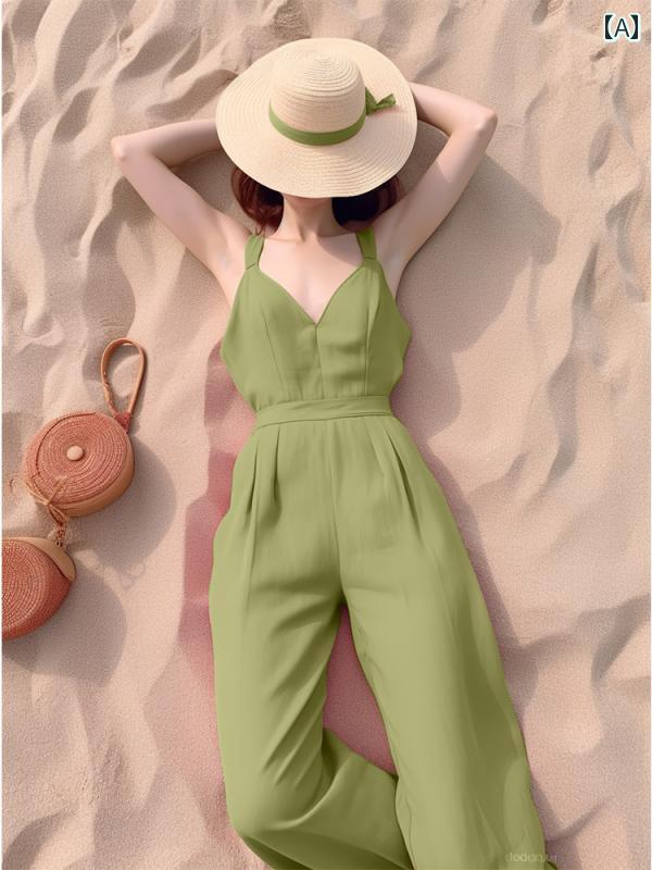 レディース ファッション 旅行 パンツ 夏 薄手 涼しい 海辺 休暇 グリーン サスペンダー ウエスト ジャンプ セットアップ 8,900円