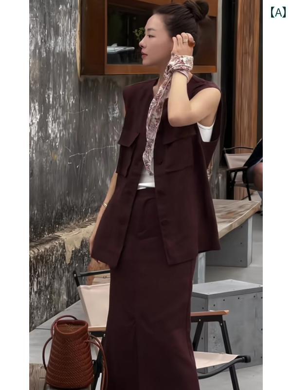 レディース ファッション 夏 服 塩 ベース 軽量 涼しい 大人 赤 茶 ベスト スカート セットアップ