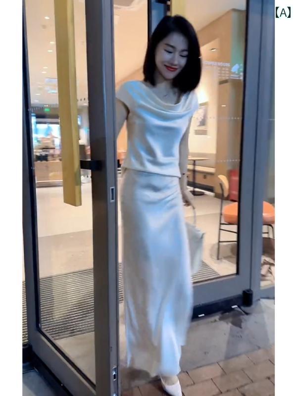 レディース ファッション シック 美しい 軽量 涼しい 大人 韓国 サテン 半袖 セットアップ スカート