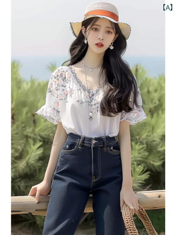 レディース ファッション フランス ユニーク スモール トップススス 夏 婦人服 ユニーク シック 白 Vネック プリント 半袖 シャツ