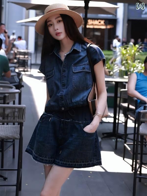 レディース ファッション デニムセットアップ 夏 婦人服小 茶 風 衣装 一式 セット