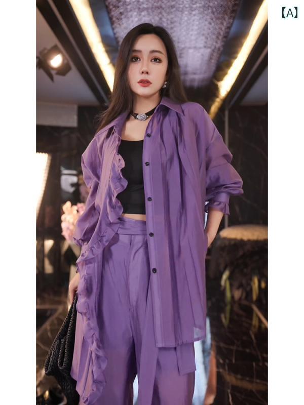 レディース ファッション 夏 服 塩 ベース 軽量 涼しい 日焼け防止 効果 紫 シャツ ワイド パンツ セット 外出 最適｜おうち健康生活