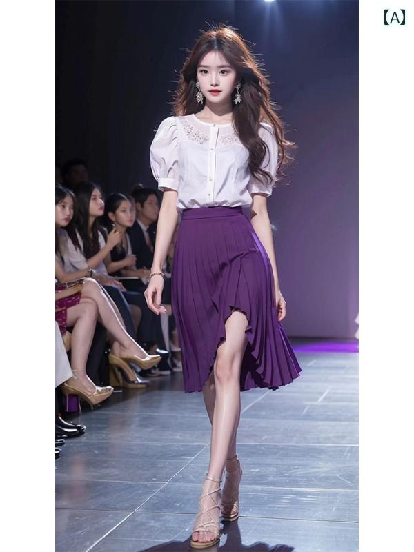 レディース 流行り物 夏 服 年 成人女性服 今めかしい 半袖 トップスス 紫 スコート セットアップ