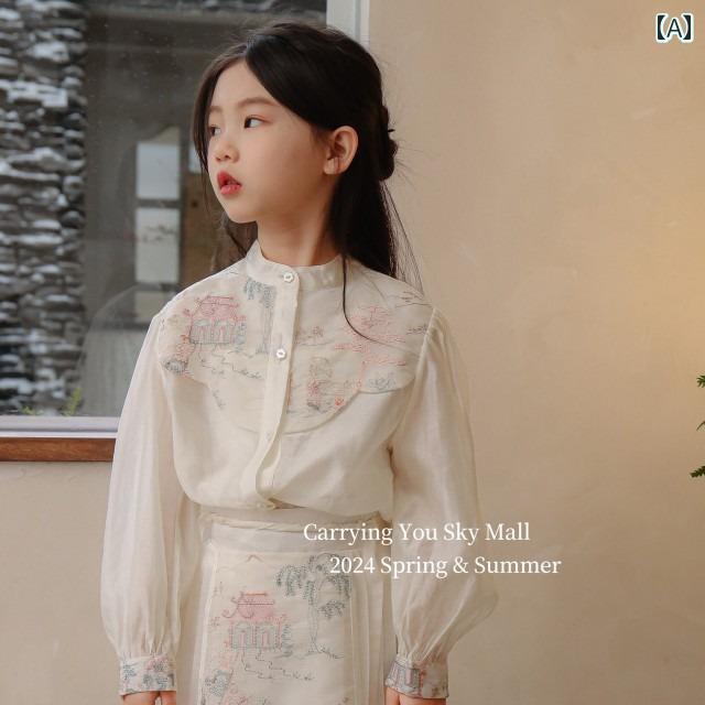 民族衣装 子供 女子 かわいい チャイナ風 セットアップ 白 シャツ 伝統 スカート 2点 セット 春夏 薄手 涼しい 漢服
