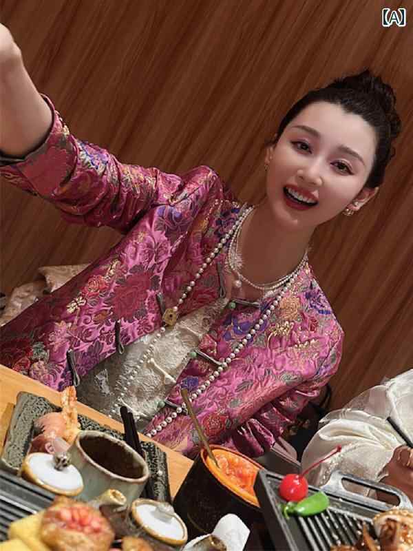 レディース ファッション 早春 ユニーク 美しい ピンク 花 ボタン ジャケット 春秋 唐 装 唐 装 トップスス