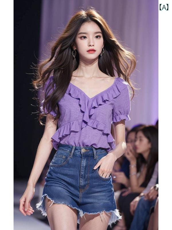 レディース ファッション 美しい 紫 フリル スクエアネック 半袖 シャツ 早春 フランス ユニーク 小さめ トップスス