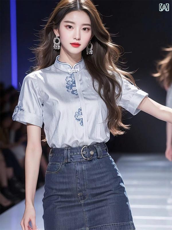 レディース ファッション 半袖 トップスス チャイナ風 婦人服 軽量 涼しい ブルー ボタン ダウン プリント リネンシャツ｜おうち健康生活