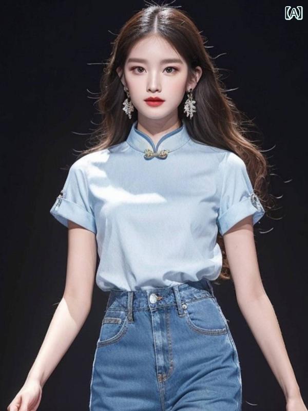 レディース ファッション チャイナ風 婦人服 ユニーク 美しい 水 コート ボタン ダウン スタンドカラー シャツ 初春