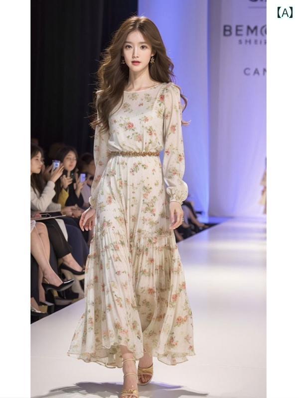 レディース ファッション フレンチ 長袖 花柄 ドレス 婦人服 早春 シフォン ロング スカート 9,357円