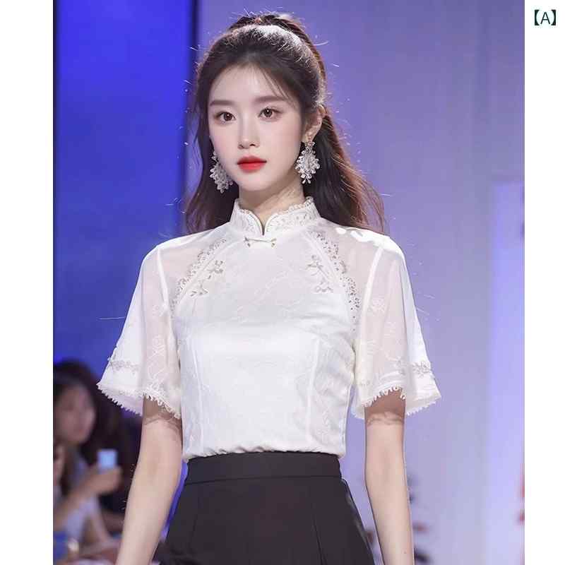 レディース ファッション ユニーク 美しい シャツ チャイナ風 スタンドカラー ボタン 白 レース 半袖 シャツ｜おうち健康生活