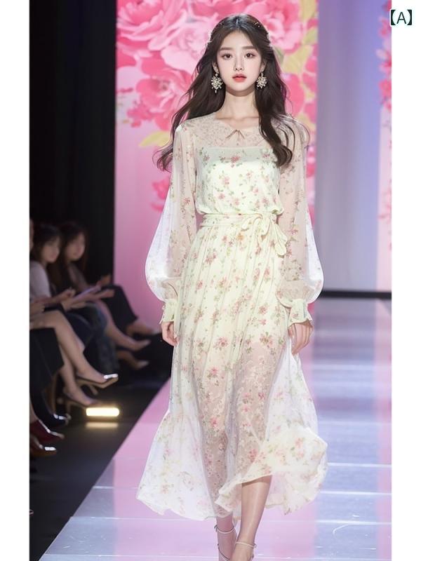 レディース ファッション 春 ティー ブレーク フランス 美しい 花柄 シフォン ウエスト ドレス