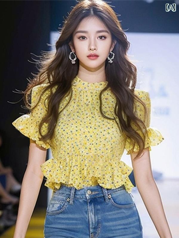 レディース ファッション 早春 トップスス シック 美しい 小さめ シャツ 黄 花柄 ショート フリル 半袖 シャツ｜おうち健康生活