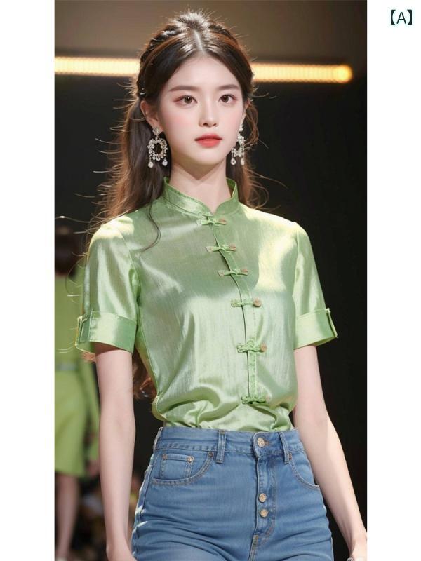 レディース ファッション チャイナ風 軽量 涼しい グリーン ボタン ダウン 半袖 シャツ 初春 シック 美しい トップスス