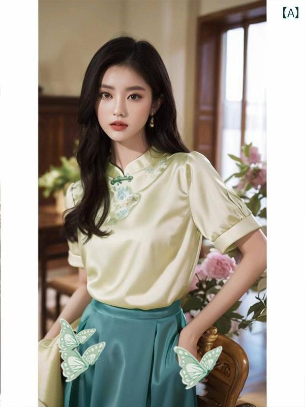 レディース ファッション チャイナ風 軽量 涼しい グリーン ジャカード プレート ボタン 半袖 シャツ 初春 シック 美しい トップスス