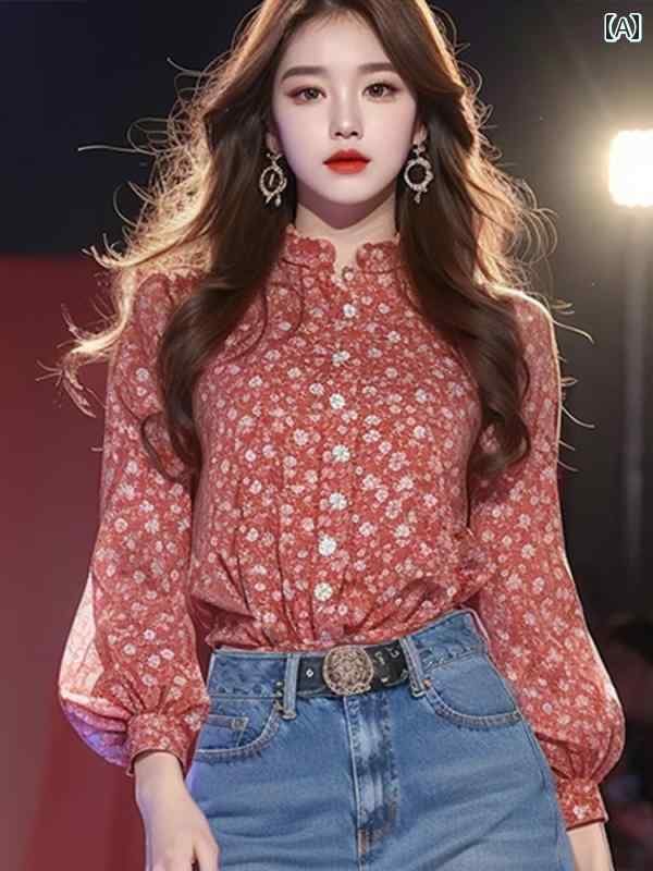レディース ファッション 赤 花柄 ラウンドネック シャツ 初春 ユニーク 格好 シャツ フレンチ トップスス｜おうち健康生活