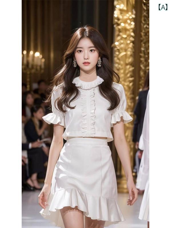レディース 流行り物 夏 服 西洋風 白 縁取られた 半袖 トップスス フラウンススコート セットアップ せられま