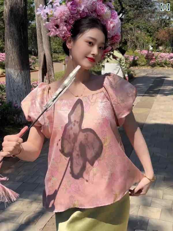 レディース ファッション チャイナ風 ジャカード パフスリーブシャツ チャイナ風 婦人服 美しい シャツ