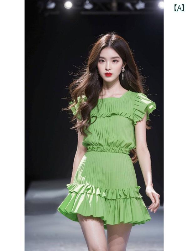 レディース ファッション 初春 婦人服 風 フレンチ 風 感 緑 エッジ 半袖 ワンピース｜おうち健康生活