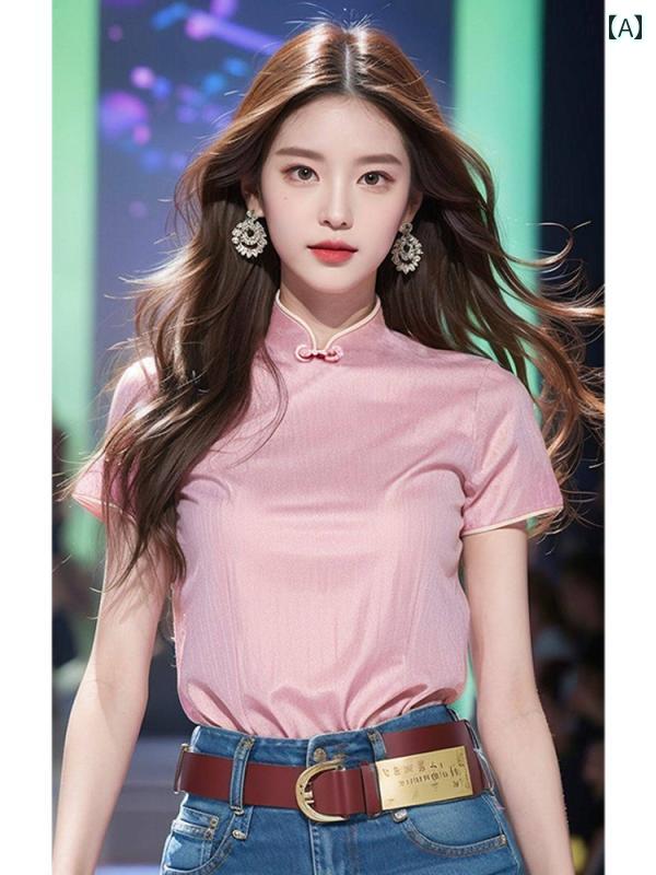 レディース ファッション チャイナ風 ユニーク シックス モール トップスス ピンク ボタン アップ シャツ 初春 塩 服装｜おうち健康生活