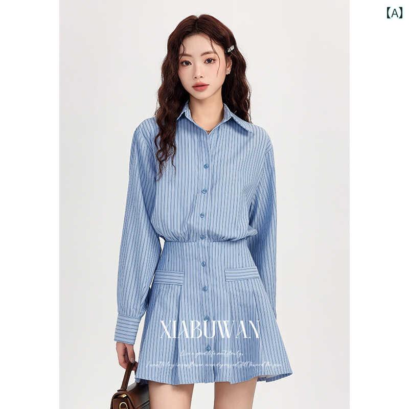 レディース ファッション 夏 ウエスト シャツ ドレス 小さめ ストライプ ドレス 春秋|おうち健康生活