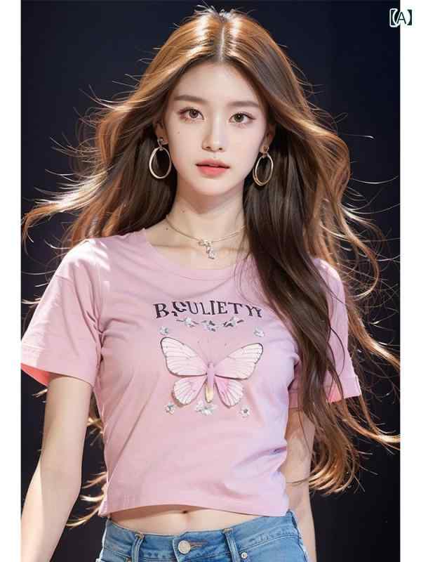 レディース ファッション 年 初春 シック ガール トップスス 小さめ シャツ ピンク ショート バタフライ プリント 半袖 Tシャツ