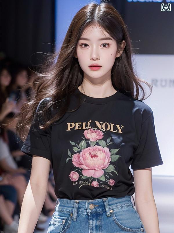レディース ファッション 春夏 ブラックローズ プリント フロント ショルダー 半袖 Tシャツ アンダー シャツ ユニーク シック トップスス