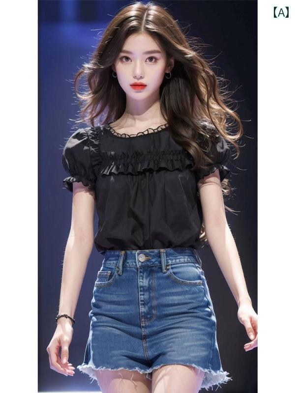 レディース ファッション フレンチ 美しい 黒 半袖 シャツ 美しい エッジ シャツ 夏 トップススス