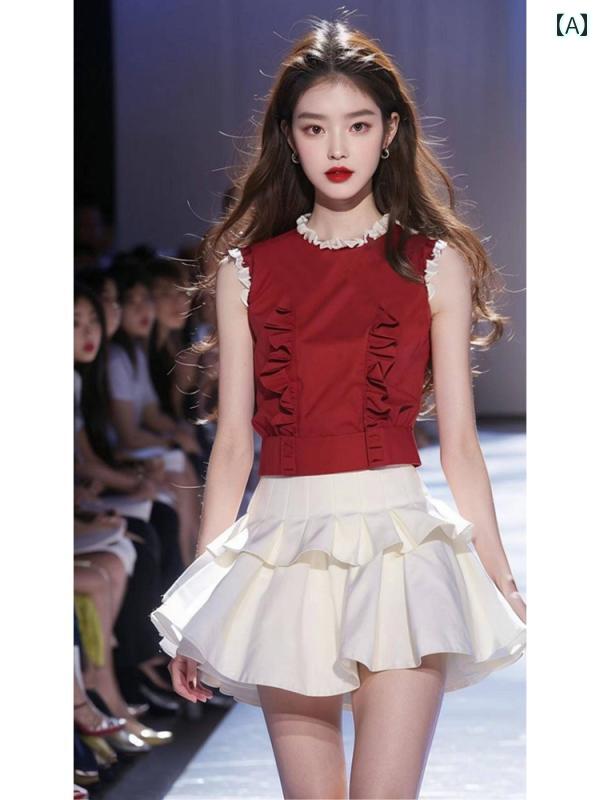 レディース 流行り物 夏 服 成人女性服 仕掛ける し 西洋風 赤 ノースリーブプルオーバー スコート セットアップ
