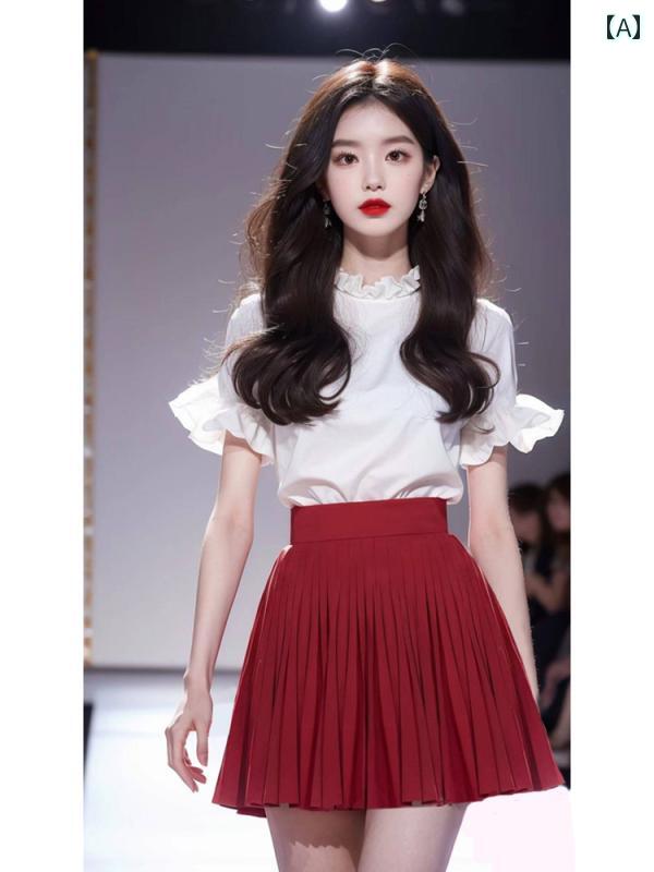 レディース 流行り物 夏 服 年 成人女性服 仕掛ける 今めかしい 白 トップススス 赤 スコート セットアップ 擦り付け木