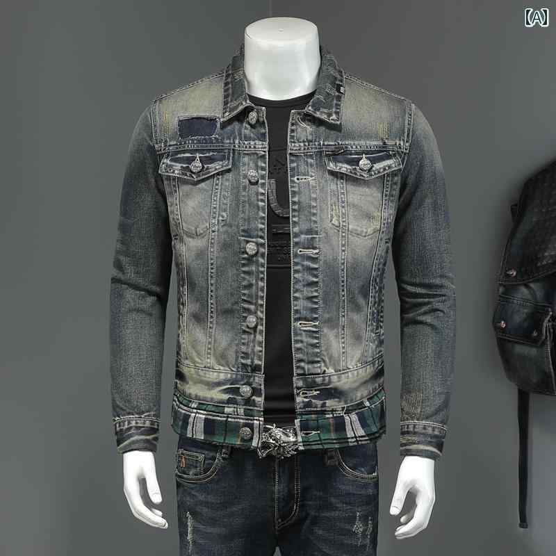 アウター メンズ フェイク 重ね着風 セット デニムジャケット 春秋 モーター サイクル ジャケット デニム 服 トレンド