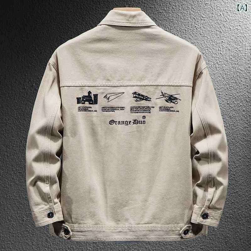 メンズ ファッション ワークウェア デニムジャケット 春秋 アメリカン 刺繍 ゆったり 大きいサイズ コットン カーキ カジュアル ジャケット