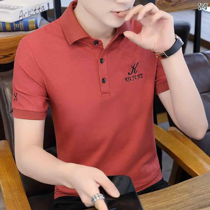 ポロシャツ メンズ 半袖 夏 カジュアル 綿 Tシャツ トレンド 刺繍 スリム 襟