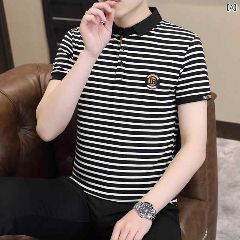 ポロシャツ メンズ 半袖 夏 カジュアル ストライプ 薄手 涼しい トレンド スリム 軽量 涼しい 感 トレンド 快適 Tシャツ