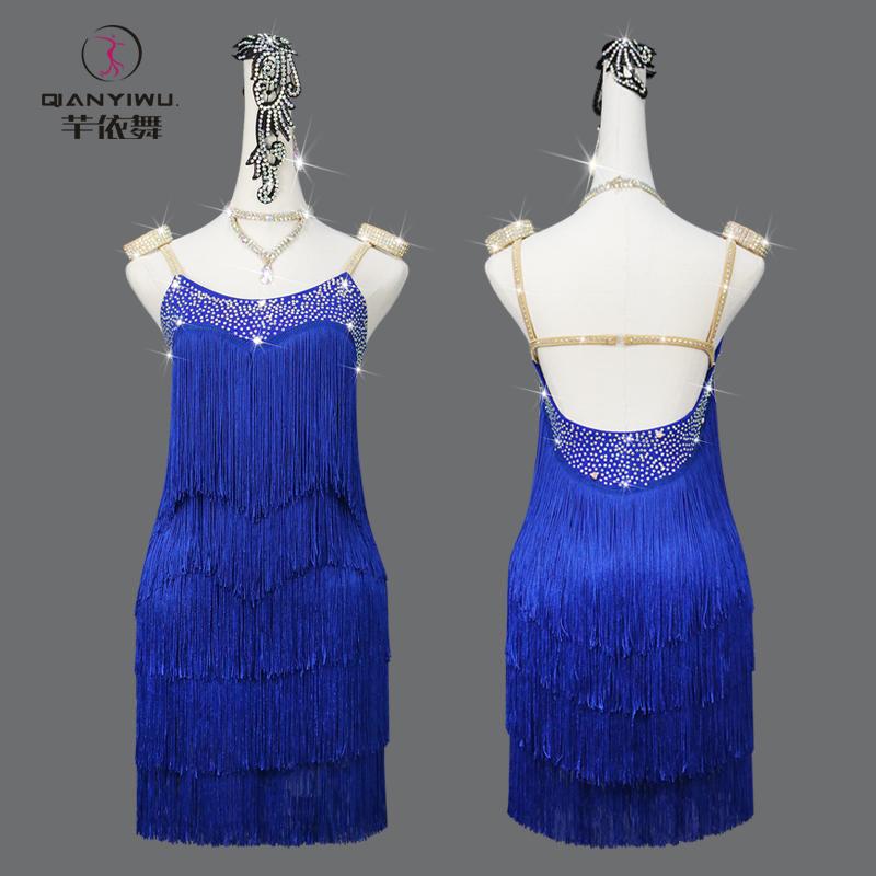 ラテン ダンス 衣装 レディース パフォーマンス 競技会 キッズ 女子 ブルー ステージ タッセル ドレス 魅惑 花柄 ドレス