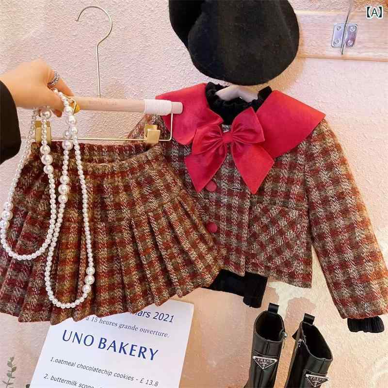 子供服 女の子 セットアップ かわいい おしゃれ 韓国 冬 レトロ チェック ウール スカート