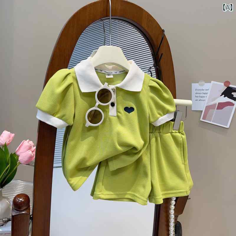 子供服 女の子 セットアップ かわいい おしゃれ 夏 ドレス ダブル ポロ 襟 パフ 半袖 シャツ ショート スカート トレンディ セット
