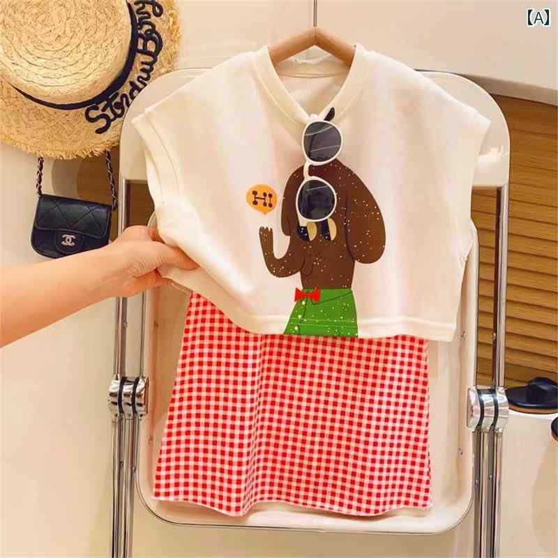 子供服 女の子 セットアップ かわいい おしゃれ 韓国 西洋 夏 象 ノースリーブシャツ チェック サスペンダー スカート トレンディ セット