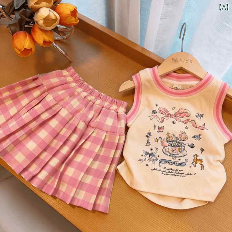 子供服 女の子 セットアップ おしゃれ カジュアル かわいい ノースリーブトップス セット 夏新 ファッション プリント ベスト チェックプリーツスカート 2点 セット