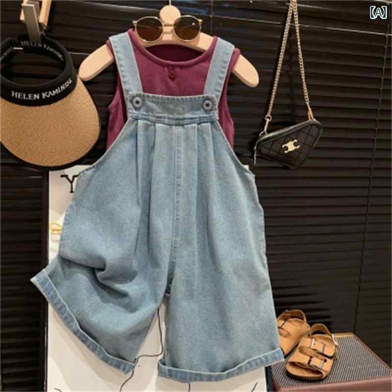子供服 女の子 セットアップ かわいい おしゃれ サスペンダー 夏 韓国 ベビーウォッシュ ソフト ジーンズ ベスト トップス