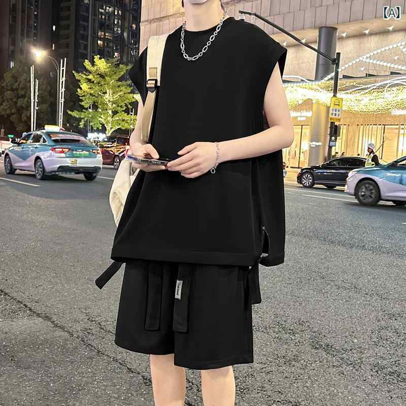 セットアップ 男の子 おしゃれ カジュアル 夏 ノースリーブ t シャツ ぽっちゃり 学生 ベスト ショートパンツ ティーンエイジャー 大きめ スポーツ