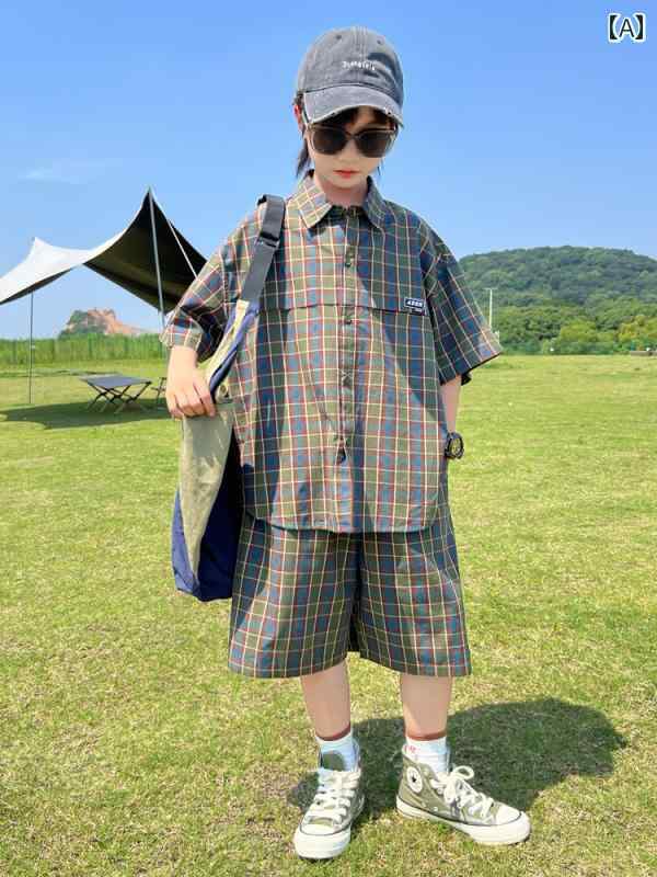 セットアップ 男の子 おしゃれ カジュアル 夏 チェック シャツ 半袖 シャツ 2点 セット大