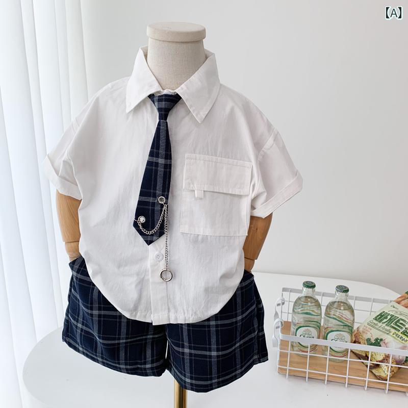 セットアップ 男の子 おしゃれ カジュアル 夏 日 パフォーマンス 英国 カレッジ 半袖 シャツ 2点 セット 小さめ ドレス